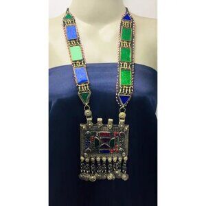 Blue and Green Long Chain Pendant Necklace, Kuchi Big Antique Pendant